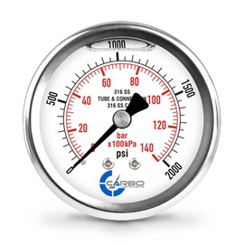 CARBO Instruments 2 1-2" Pressure Gauge, All Stainless Steel Wetted Parts, Case, Connection, Liquid Filled, 0-2000 psi/kPa, Back Mount 1/4" NPT