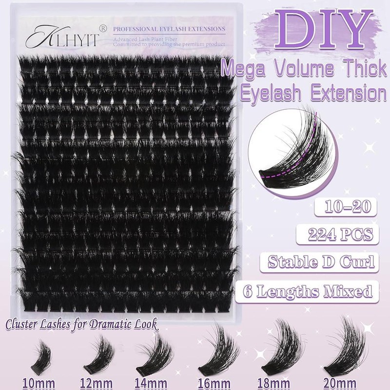 KLHYIT 200D 속눈썹 클러스터 12-20mm 두꺼운 볼륨 224pcs 밍크 인조