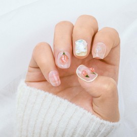 Sethaxy French Nail Tip, Short False Nails, Cute, Rhinestones, False Nails, 3D Relief, Flower, Fashion, Trapezoid Tip, Flash Drill, Press On Nail (Yellow)