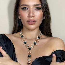 Ever Faith Vintage Style Retro Stone Y-Shaped Necklace for Women, Boho Ethnic Multi Color Beaded Statement Choker Collar Necklaces Bohemian Jewellery for Summer Holiday Black Anrique Gold-Tone