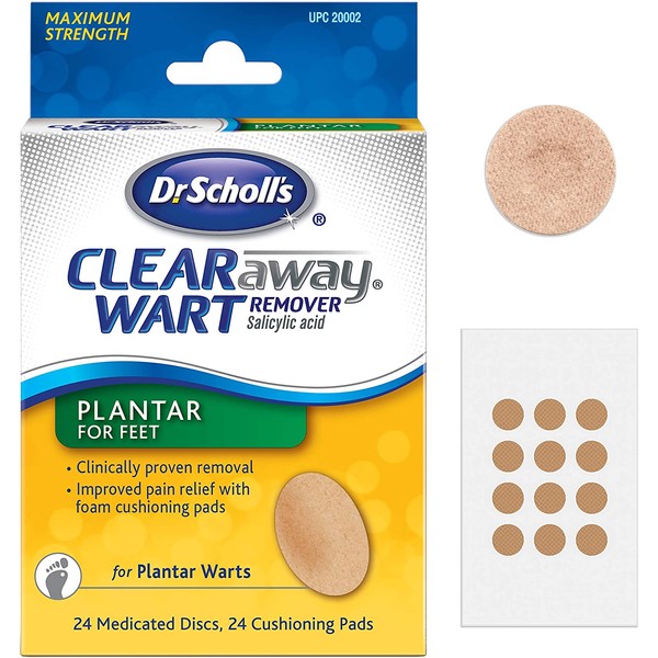 Dr. Scholl’s Clear Away Plantar Wart Remover for Feet, 24 Medicated Discs & 24 Cushioning Pads // Maximum Strength Without A Prescription