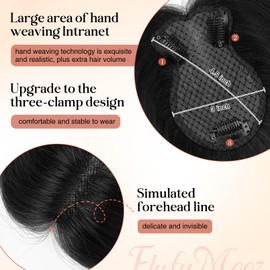 Flufymooz 100% Real Human Hair Toppers for Women, 10 Inch Clip in Human Hair Topper for Thinning Hair, 360°3D Cover Clip in Bangs Natural Hairpiece With 4.5'' x 3'' Silk Base-Natural Black