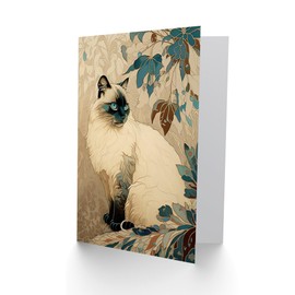 Artery8 Blue Point Ragdoll Cat and Plant Pattern Art Nouveau Modern Illustration Art Birthday Sealed Greeting Card Plus Envelope Blank inside