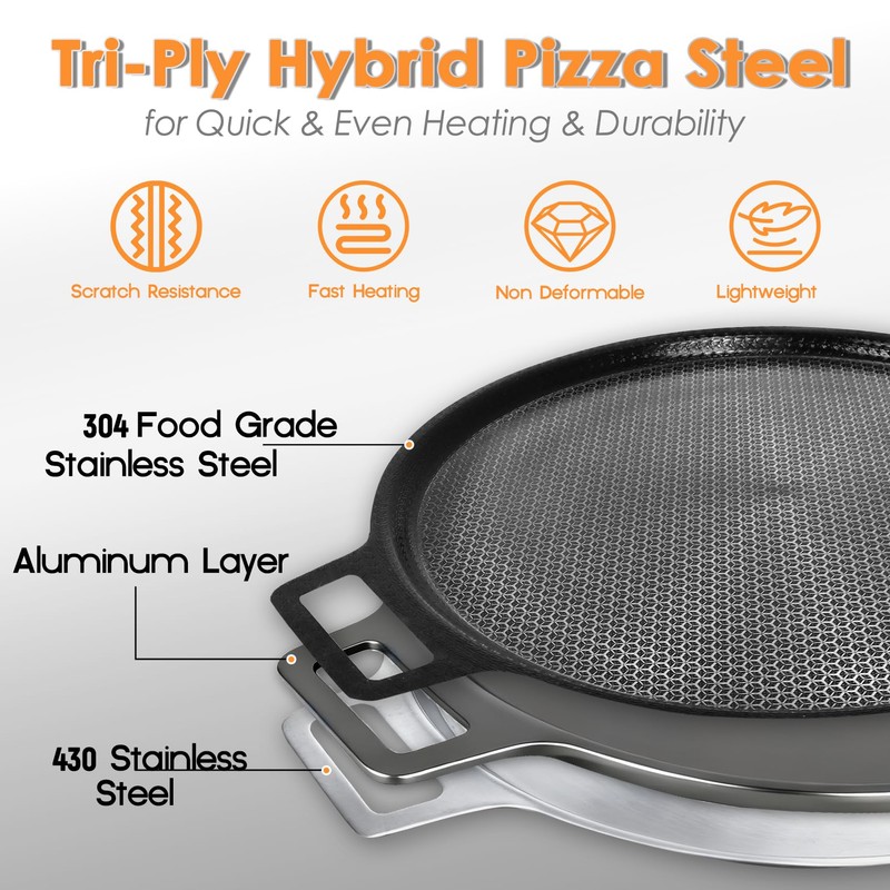 16" Laser-etched Nonstick Pizza Steel, 3-Layer Hybrid Steel Pizza Pan