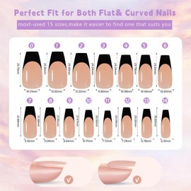 150Pcs Black French Tip Press on Nails Medium Coffin Fake Nails In15 Sizes 3 IN 1 Soft Gel Nail Tips Nude Glossy Reusable Acrylic Nails No Need to File False Nails for Women Girls Manicure