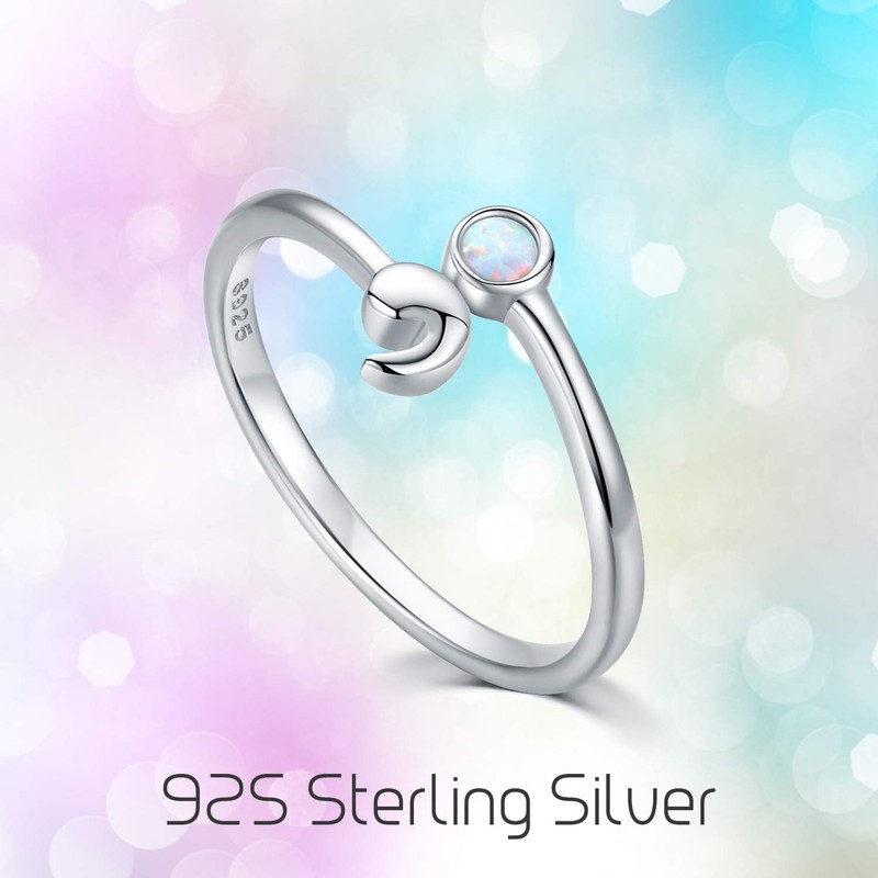 JUSTKIDSTOY Semicolon Ring 925 Sterling Silver Adjustable Open Opal Ring