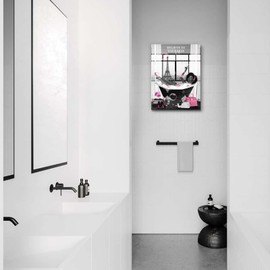Fashion American African Black Girl Women In Bathtub Wall Art Decor Listening To Music Black And White Pink Earphones Print Painting Picture Canvas Framed Decorations For Bathroom Living Room Bedroom