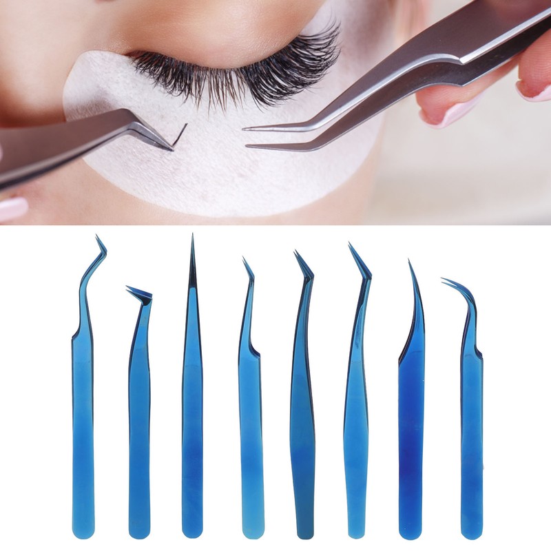 8pcs Eyelash Tweezers Stainless Steel Fine Tip Ergonomic Blue Titanium