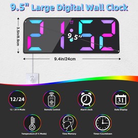 Koolertron Digital Wall Clock, Large Display, LED Clock with Remote Control, RGB Colors Countdown Large Clock with Date Week Temperature for Living Room, Kitchen, Office, Classroom and Gym