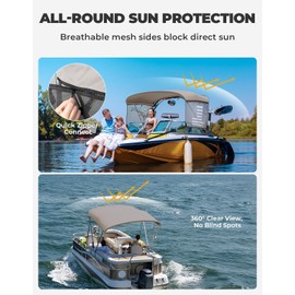 KEMIMOTO 3 Bow Bimini Top Replacement with Detachable Mesh Sidewalls 600D Marine Grade Canvas Heavy Duty Cover Boat Canopy Waterproof Sun Shade Easy Install Without Frame for Boats, Gray 67"-72" W