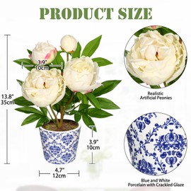 Briful Faux Peony Flowers in Blue and White Ceramic Pot 13.8" Realistic Silk Peonies Artificial Peony Floral Arrangement Fake Potted Flowers for Home Office Room Desk Shelf Decoration(White)