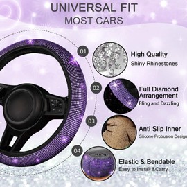 NBTEPEM 30 Pcs Purple Bling Car Accessories Set for Women, Purple Steering Wheel Cover Set, Bling Console Cover, Seat Belt Cushion, Shift Knob Cushion, Cup Coaster, Rhinestone Car Hanging Accessories