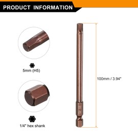 HARFINGTON 5pcs Hex Head Wrench Drill Bit 5mm(H5) Metric 1/4" Hex Shank 4"(100mm) Length S2 Steel Magnetic Impact Drivers Screwdriver Bit Industrial Grade Hexagon Electric Drill Bits