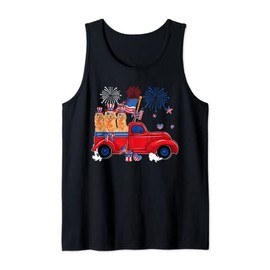 Three Cute Golden Retrievers Sunglasses American Flag Pickup Tank Top
