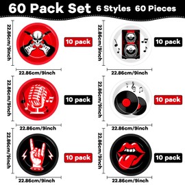 60Pcs Rock Theme Party Paper Plates for Music Birthday 9in 1950's Record Party Disposable Tableware Dinnerware Set for Kids Birthday Decoration Baby Shower Anniversary 50s 60s Theme Party Supplies
