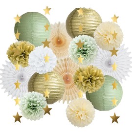 Sage Green Party Decorations Hanging Paper Lanterns Fans Cream Sage Green Gold and White Party Decorations with Gold Star Garland for Sage Green Birthday Baby Shower Engagement Wedding