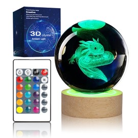 Aoyosic 3D Crystal Ball Night Light with 16 Color LED Wooden Base, Premium 3.15 Inch Glass Ball Lamps with Remote for Christmas, Axolotl Gifts for Boys Girls Friends