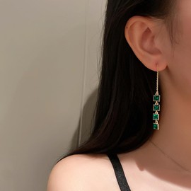 Long Green Crystal Tassel Earrings Gold Rectangular Dangle Drop Earrings for Women Geometric Threader Earrings (Green)