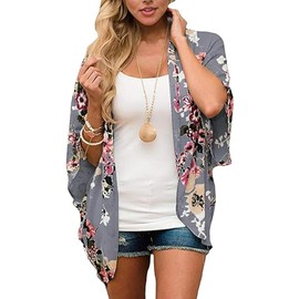Naivikid Women Casual Floral Short Sleeve Chiffon Kimono Shawl Blouse Top Gray 01 XXXL