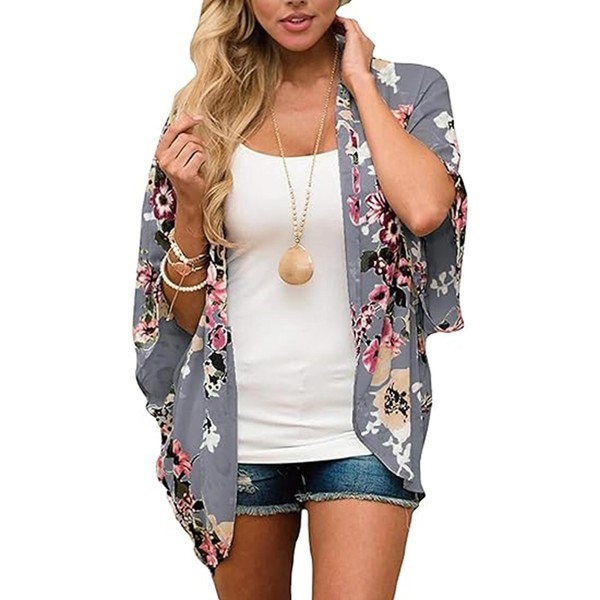 Naivikid Women Casual Floral Short Sleeve Chiffon Kimono Shawl Blouse