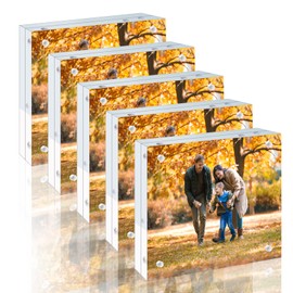 5 Pack 5x5 Acrylic Picture Frames - 20% Thicker Double Sided Magnetic Frame with UV Protection - Freestanding Clear Frameless Display for Tabletops - Modern Photo Frame Set for Home & Office Decor