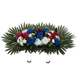 Memobloom Headstone Flower Saddle Arrangements - Artificial Cemetery Flowers Silk Funeral Memorial Day Sympathy Floral for Outdoor Gravestone Decorations (Red White Royal Blue)