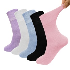 LOFIR Wide Fit Socks for Women: Cotton Comfortable Socks for Ladies with Extra Soft Top non Elastic Loose Fit for Swollen Feet Work Home 5 Pairs Multicolored 6-8