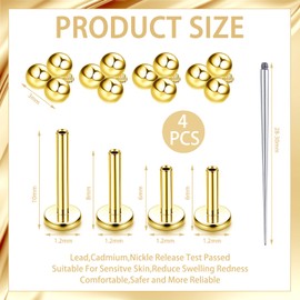 Pack of 4 Tragus Piercing Gold, G23 Titanium Helix Piercings, Gold Tragus, Internal Thread Labret Piercing, Gold Piercing, Tragus, Medusa Piercing, Lightweight, Comfortable to Wear, with Guide Bar