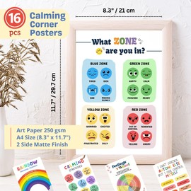 16 Calm Corner Poster (Size A4 8.3x11.7 inches) for Classroom, Calming Corner Posters with Coping Skills, Feelings Wheel Chart, Emotions Poster, Calm Down Corner Poster, Feelings Chart (No Frame)