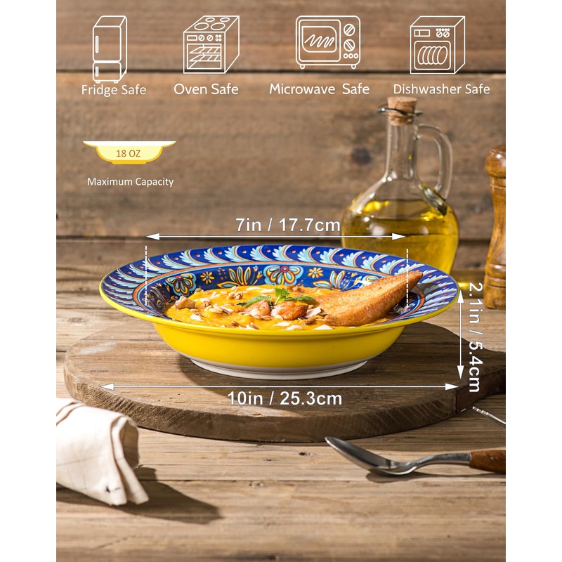 Soup and Pasta Bowls/Plates Set of 4-18 Oz Wide Rim,