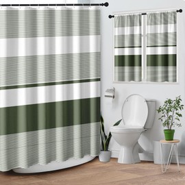 Striped Modern Boho Waffle Textured Cloth Shower Curtain Set, Sage Green White Horizontal Stripe Bathroom Window Waterproof Shower Curtains for Bathroom Decor