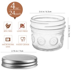 Amzcku 4 oz Glass Mason Jars with Regular Mouth Lids - 24-Pack Glass Canning Jars for Storage, Overnight Oats, Jam, Jelly, Honey, Beans, Spices, Wedding Favors, Shower Favors