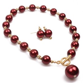 Women Elegant Jewelry Set Rhinestone Imitate Pearl Strand Choker Necklace and Earrings Suit (Wine red)