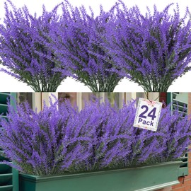 Ouddy Decor 24 Bundles Artificial Lavender Flowers Fake Plastic Purple Flowers Outside UV Resistant for Home Wedding Kitchen Garden Patio Window Box Table Centerpieces Indoor Outdoor Decor (Purple)