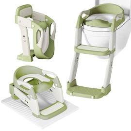 3 in 1 Potty Training Seat for Toddlers Adjustable Toilet Trainer with Anti-Slip Steps and Splash Guard Converts to Step Stool & Child Toilet Chair Foldable Design for Boys & Girls(Green)