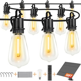 OOOLED 50FT Solar String Lights Outdoor with Remote, IP65 Waterproof Shatterproof ST38 LED Bulbs, 2700K Dimmable Outside Hanging Lights for Patio, Garden, Camping, Deck, Backyard Decor