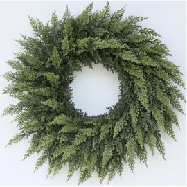 24" Real Touch Cedar Wreath for Front Door, Artificial Christmas Wreaths Faux Cedar Green Fake Pine Needles Wreath for Front Door Wall Windows Indoor Outdoor Christmas Decor