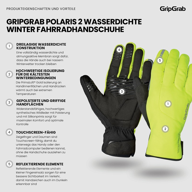 GripGrab Polaris 2 Waterproof Winter Cycling Gloves Primaloft Lined Rain