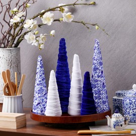 Anglechic 6 Pcs Blue and White Porcelain Cone Tree Blue Floral Table Tree Decoration Ornaments Table Centerpiece for Home Wedding Party Holiday Decor Mantle Decoration