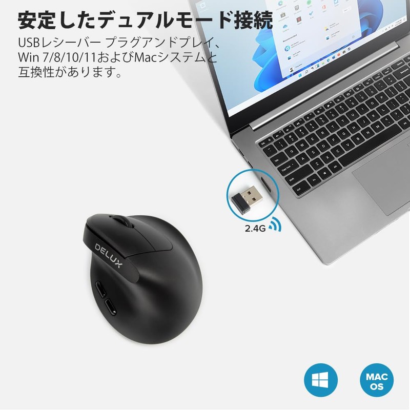 DELUX Wireless Ergonomic Mouse for Small Hands 2.4G 75g Lightweight