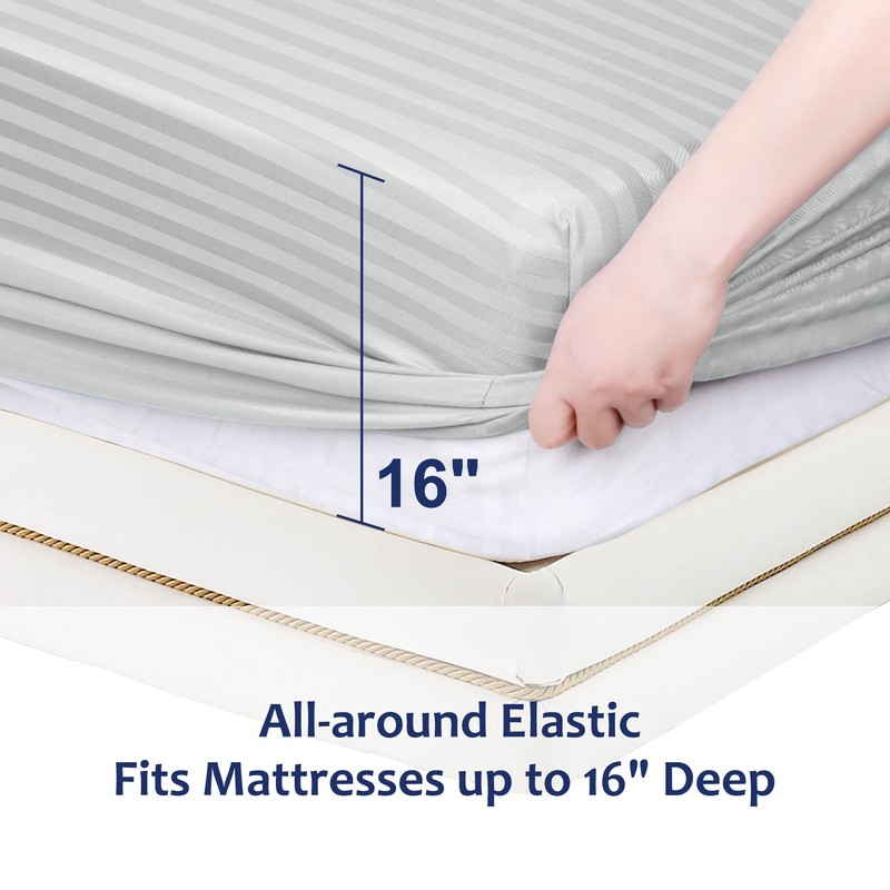PiccoCasa 100GSM Microfiber Striped Bed Fitted Sheet, 16 Inch Deep