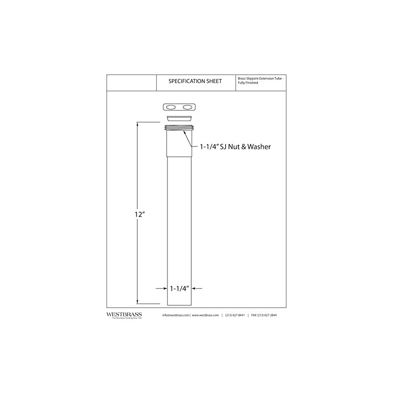 Westbrass A421-62 1-1/4" x 12" Slip Joint Extension Tube, Matte