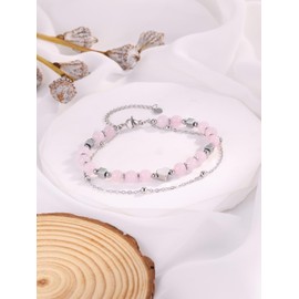 CrystalTears Rose Quartz Crystal Heart Bracelet for Women Girls, Silver Layered Pink Healing Stone Beaded Bracelets Jewellery Gifts for Women Mum Teen Girls Best Friends Birthday Christmas