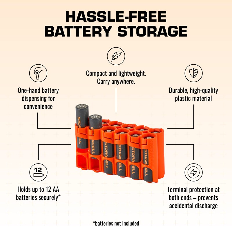 AA Battery Storage Caddy by Storacell, Orange, Holds 12 Batteries