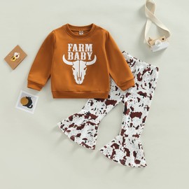 Toddler Baby Girls Outfits Long Sleeve Cartoon Cow Head Print Top + Flared Pants Set Kids Fall Winter Clothes (Cow Print- Brown Farm Baby, 18-24 Months)