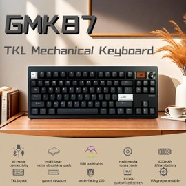 Cmokifuly GMK87 TKL Mechanical Keyboard,Tri-Mode Linear Switches PBT Keycaps 85 Keys+Rotary Knob+TFT-LCD Screen Hotswap Gasket Mounted,VIA Programmable RGB Gaming Keyboard (Black, Brown Switch)