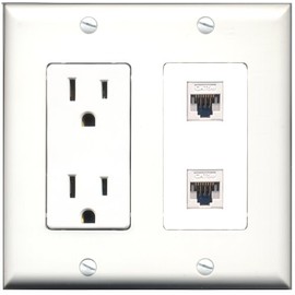 RiteAV - 15 Amp Power Outlet 2 Port Cat5e Ethernet White Decorative Type Wall Plate White
