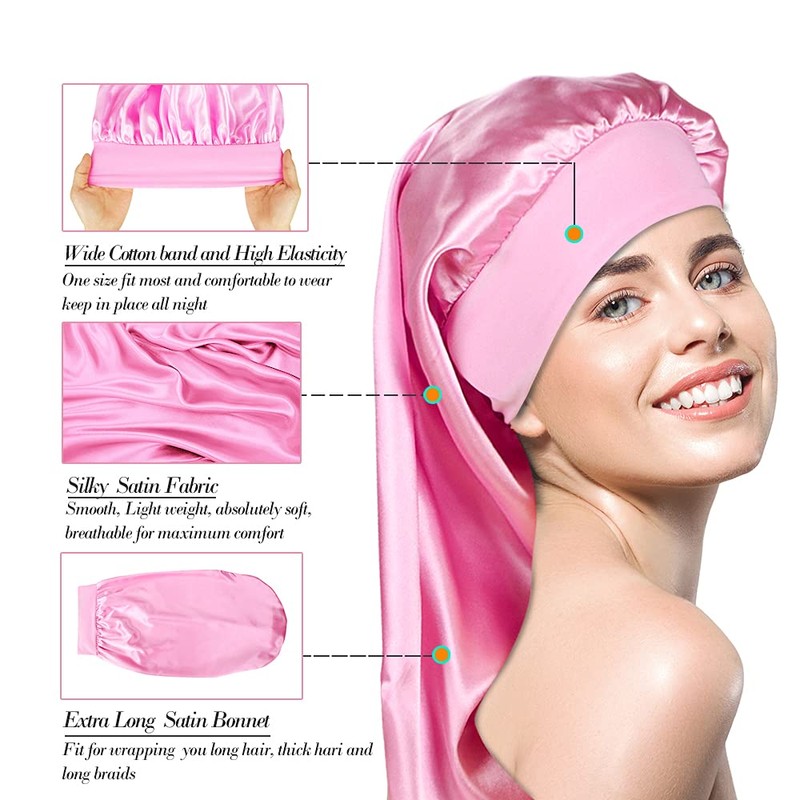2 Pieces Long Satin Sleep Cap for Curly Hair, Long