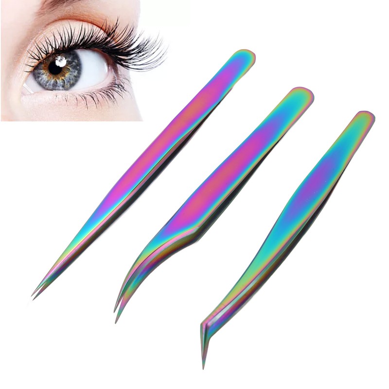 3PCS Eyelash Tweezers Stainless Steel Lash Tweezers Set False Eyelash