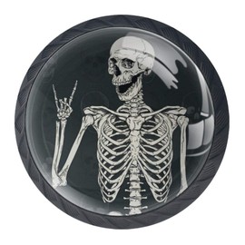 4 Pcs 35mm Rock and Roll Skull Skeleton Cabinet Knobs Round Crystal Glass Drawer Handles Pull with Screws for Home, Office, Kitchen, Bathroom Cabinet, Dresser and Cupboard (1-3/8 Inches)